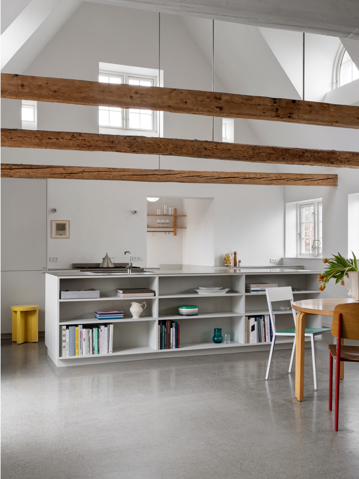 Kitchen island with open cabinets.